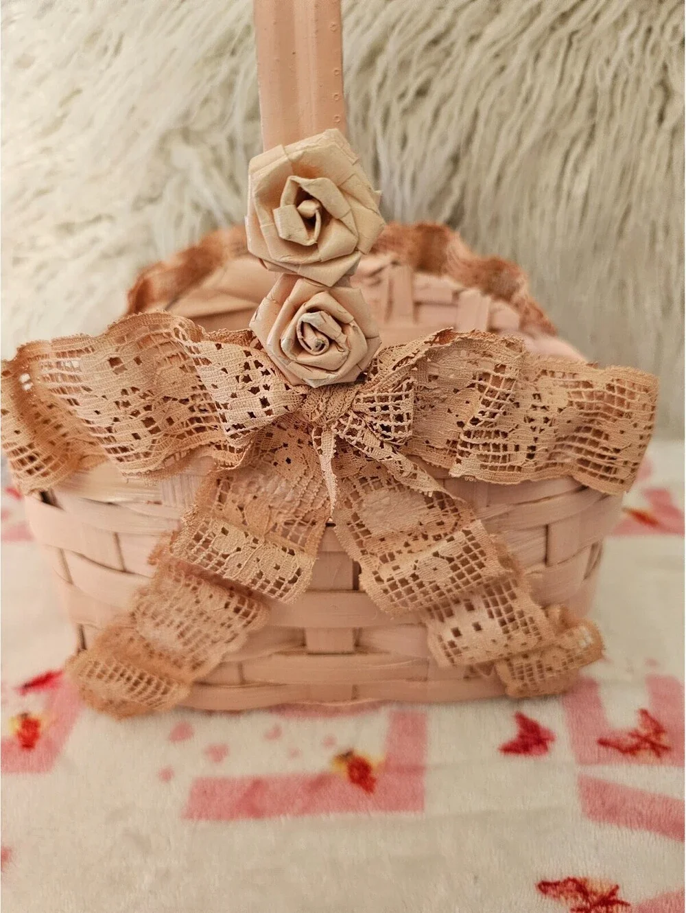 Vintage Hand-Woven Painted Basket Lace Pink 11X7.5 Philippines Floral Decor